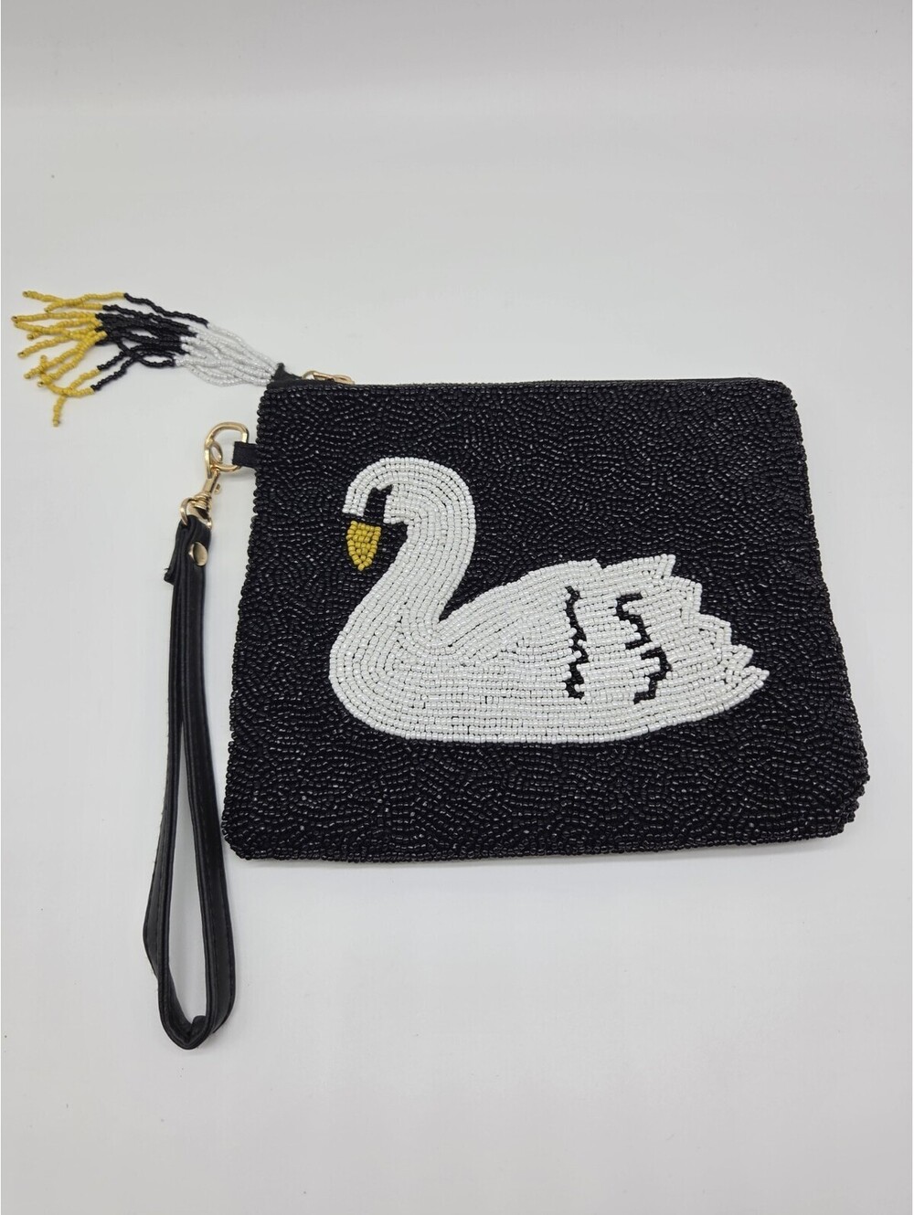 Sincerely Jules SWAN Beaded Wristlet Clutch Black White Zip Close 8"x7"